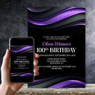 Moderne schwarze und violette 100. Geburtstagsfeie Einladung