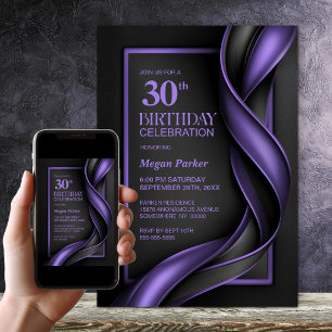 Moderne schwarze und violette 30. Geburtstagsfeier Einladung