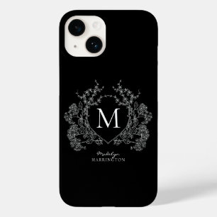 Moderne schwarze und weiße Blumenwappen-Monogramm Case-Mate iPhone 14 Hülle