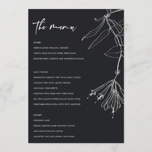 MODERNE SCHWARZE UND WEISSE LINIE ZEICHNEND BLUMEN MENÜKARTE (Vorderseite)