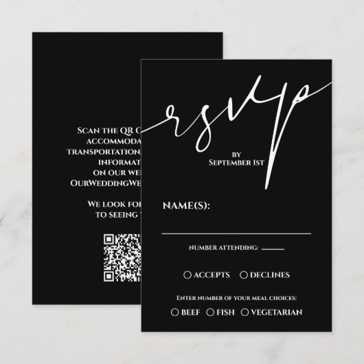 Moderne schwarze und weiße QR-Code-Hochzeit RSVP Karte (Vorne/Hinten)