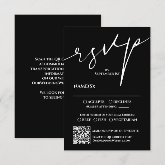 Moderne schwarze und weiße QR-Code-Hochzeit RSVP Karte (Vorne/Hinten)
