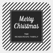 Moderne schwarze und weiße Streifen frohe Weihnach Quadratischer Aufkleber (Vorderseite)