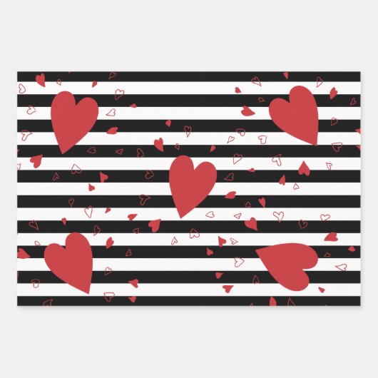 Moderne schwarze und weiße Streifen und rote Herze Geschenkpapier Set (Vorderseite)