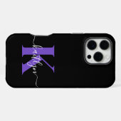 Moderne schwarze violette Schriftmonogramm iPhone Hülle (Rückseite (Horizontal))