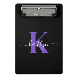 Moderne schwarze violette Schriftmonogramm Mini Klemmbrett
