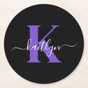 Moderne schwarze violette Schriftmonogramm Runder Pappuntersetzer