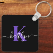 Moderne schwarze violette Skript-Monogramm Schlüsselanhänger (Rückseite)