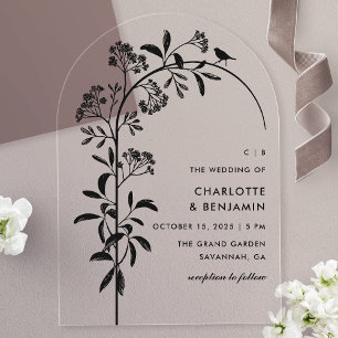 Moderne schwarze Vogel-Botanik-Bogen-Hochzeit Acryleinladungen