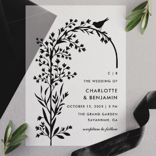Moderne schwarze Vogel- und Zweig-Hochzeit Pergament Einladungen