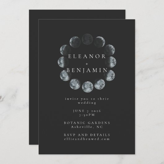 Moderne Schwarze Wasserfarbe Moon Phasen Hochzeit Einladung (Vorne/Hinten)