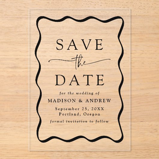 Moderne schwarze Wavy-Frame-Hochzeit speichern das Acryleinladungen (Vorderseite)