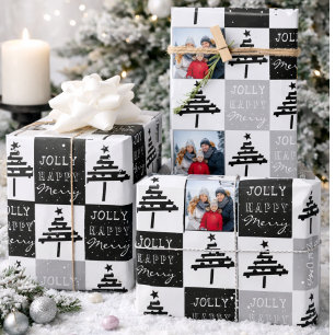 Moderne schwarze Weihnachtsbaum-Familienfoto  Geschenkpapier Set