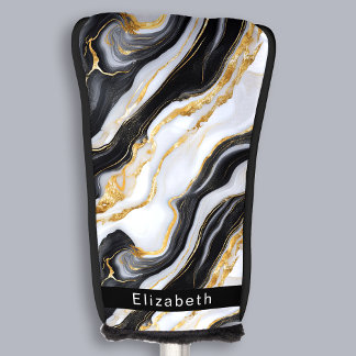 Moderne Schwarze Weiße Goldene Marmor Personalisie Golf Headcover