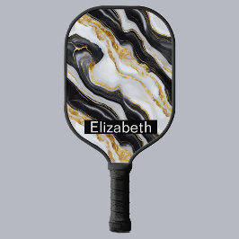 Moderne Schwarze Weiße Goldene Marmor Personalisie Pickleball Schläger