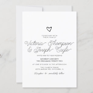 Moderne schwarze weiße Hochzeit mit schräger Herzs Einladung