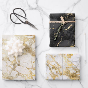 Moderne schwarze, weiße und goldene Marmoroptik Geschenkpapier Set