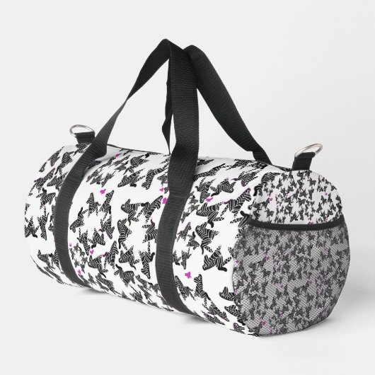 Moderne schwarze weiße und rosa wilde Zebra Duffle Bag (Rechte Ecke)