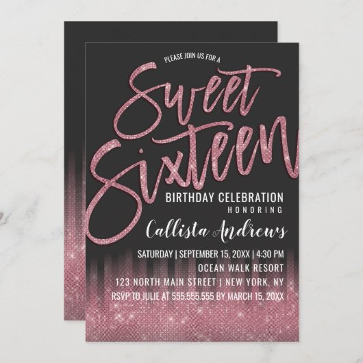 Moderne Schwarzrosa Glitzer Typografie Sweet 16 Einladung (Vorne/Hinten)