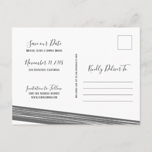 Moderne Schwarzweiß-Schrift Rette unseren Date Pos Ankündigungspostkarte (Rückseite)