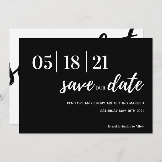 Moderne Schwarzweiß-Schrift Save the Date (Vorne/Hinten)