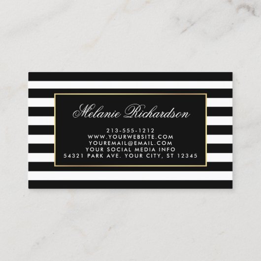 Moderne Schwarzweiss-Streifen mit Goldrahmen Visitenkarte (Rückseite)