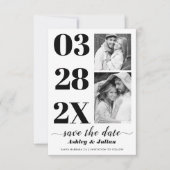 Moderne Schwarzweiß-Typografie zwei Fotos Save The Date (Vorderseite)