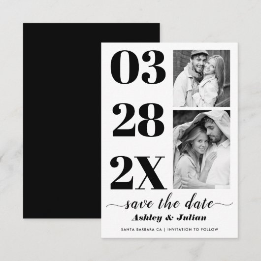 Moderne Schwarzweiß-Typografie zwei Fotos Save The Date (Vorne/Hinten)