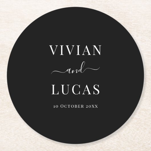 Moderne Schwarzweiß-Weiß-Festliche Minimale Hochze Runder Pappuntersetzer (Vorderseite)