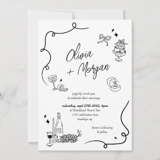 Moderne Scribble Doodle QR Code Einladung Hochzeit (Vorderseite)