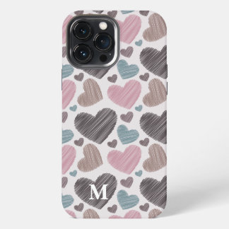 Moderne Scribble Hearts Monogram Custom iPhone 13 Pro Max Hülle