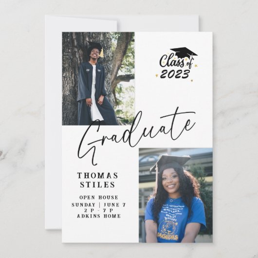 Moderne Script 2 Foto Collage Graduation Party Einladung (Vorderseite)