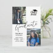 Moderne Script 2 Foto Collage Graduation Party Einladung (Stehend Vorderseite)