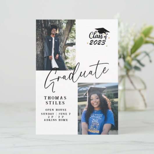 Moderne Script 2 Foto Collage Graduation Party Einladung (Stehend Vorderseite)
