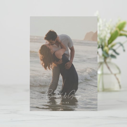 Moderne Script 2-Foto Elopement Hochzeitsempfehlun Einladung (Stehend Vorderseite)