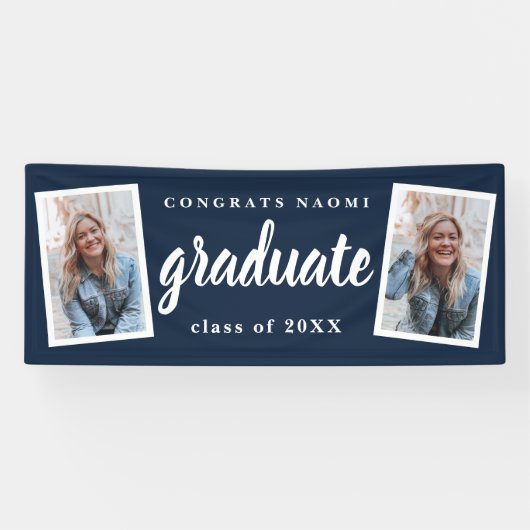 Moderne Script 2 Foto Graduation Party Banner (Horizontal)