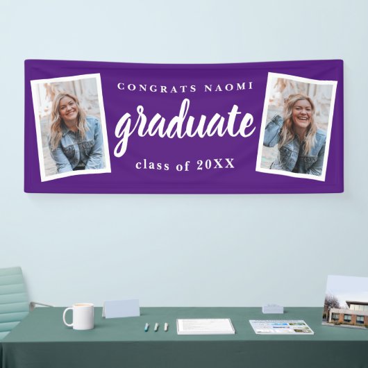 Moderne Script 2 Foto Graduation Party Banner (Messe)