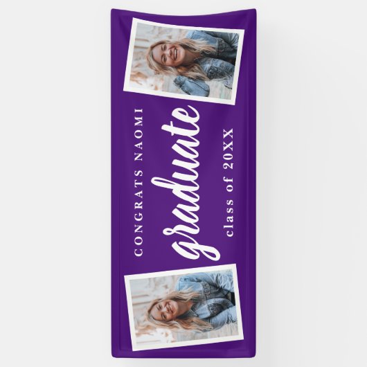 Moderne Script 2 Foto Graduation Party Banner (Vertikal)