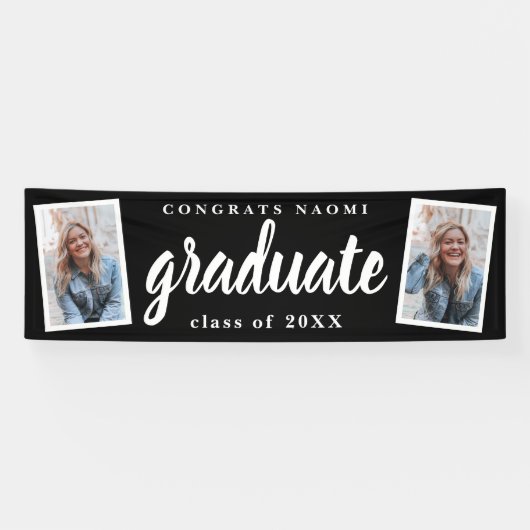 Moderne Script 2 Foto Graduation Party Banner (Horizontal)