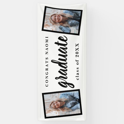 Moderne Script 2 Foto Graduation Party Banner (Vertikal)