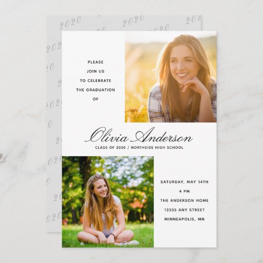 Moderne Script 2 Foto Graduation Party Einladung (Vorne/Hinten)