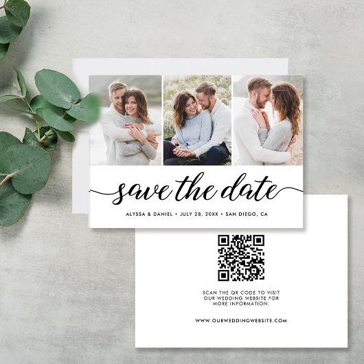 Moderne Script 3 Fotos QR CODE Hochzeitsseite Save The Date