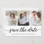 Moderne Script 3 Fotos QR CODE Hochzeitsseite Save The Date (Vorderseite)