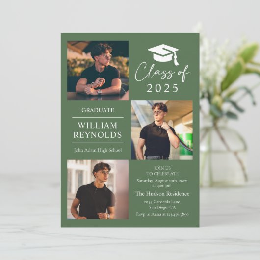 Moderne Script 4 Foto Collage Graduation Party Einladung (Stehend Vorderseite)