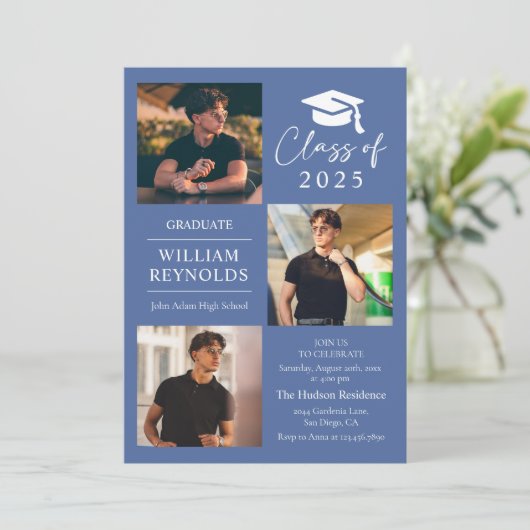 Moderne Script 4 Foto Collage Graduation Party Einladung (Stehend Vorderseite)