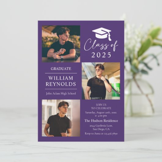 Moderne Script 4 Foto Collage Graduation Party Einladung (Stehend Vorderseite)