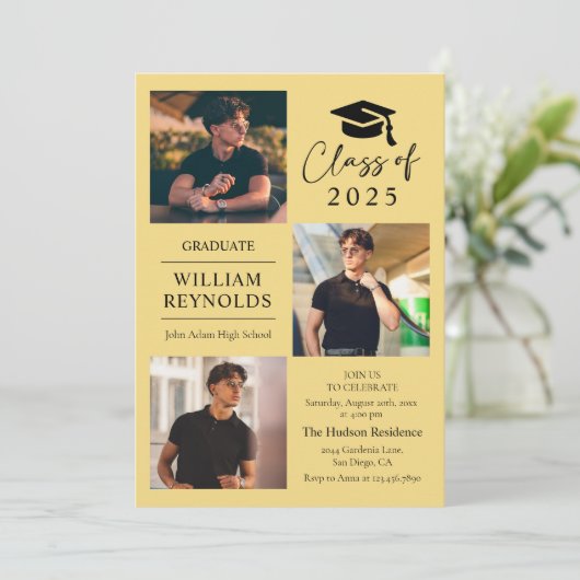 Moderne Script 4 Foto Collage Graduation Party Einladung (Stehend Vorderseite)