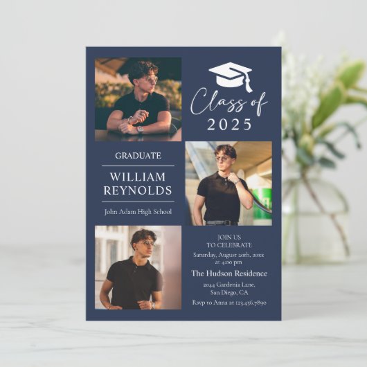 Moderne Script 4 Foto Collage Graduation Party Einladung (Stehend Vorderseite)