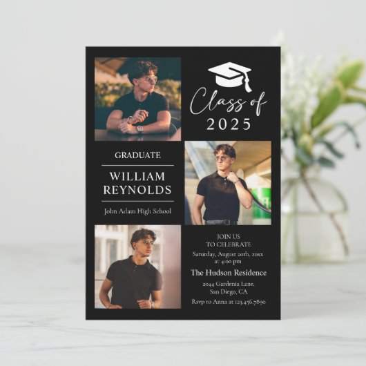 Moderne Script 4 Foto Collage Graduation Party Einladung (Stehend Vorderseite)