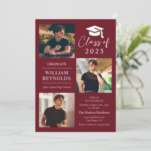 Moderne Script 4 Foto Collage Graduation Party Einladung (Stehend Vorderseite)